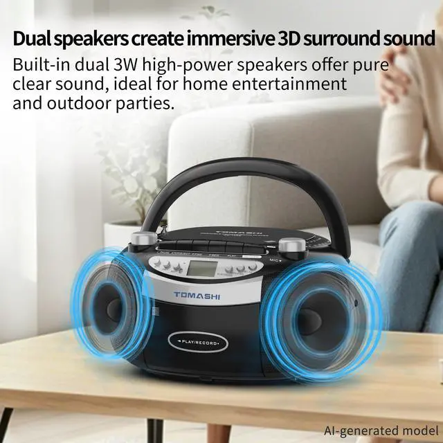 Alt view image 7 of 7 - Bluetooth CD Player & Boombox with Cassette Tape Player, CD and Cassette Player Combo, AM/FM Radio, Tape Recording, USB/SD Playback, Remote Control, AC/DC Power