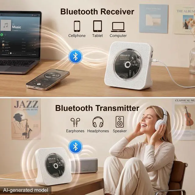 Alt view image 2 of 7 - Portable CD Player for Home,Bluetooth CD Player with Speakers,White