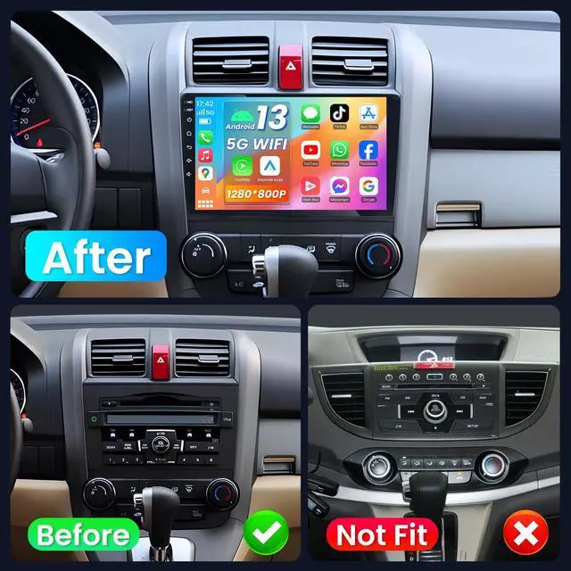 Alt view image 2 of 7 - 4G+64GB Car Stereo Radio for Honda CRV 2007-2011, 5G WiFi Wireless Carplay Android Auto 9 Inch 1280 * 800P Touchscreen GPS Navigation with Bluetooth 1080P Backup Camera SWC FM Radio
