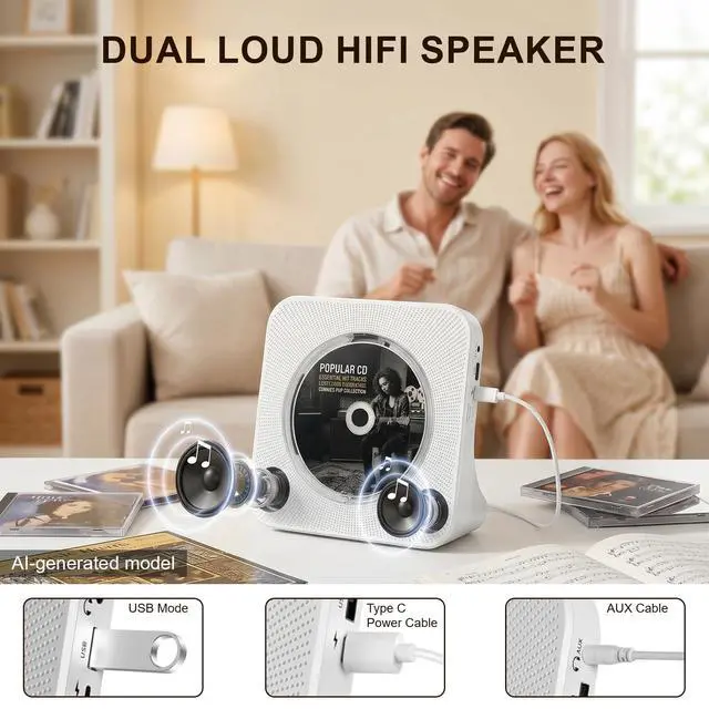 Alt view image 3 of 7 - Portable CD Player for Home,Bluetooth CD Player with Speakers,White