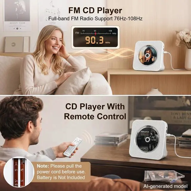 Alt view image 4 of 7 - Portable CD Player for Home,Bluetooth CD Player with Speakers,White