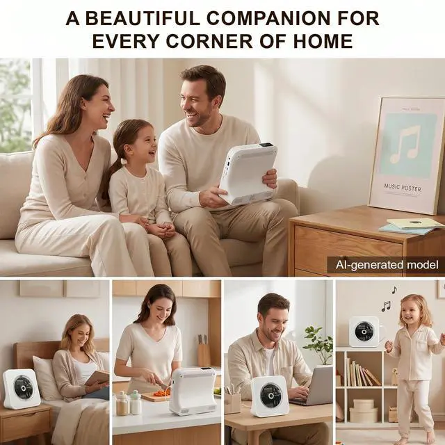 Alt view image 7 of 7 - Portable CD Player for Home,Bluetooth CD Player with Speakers,White