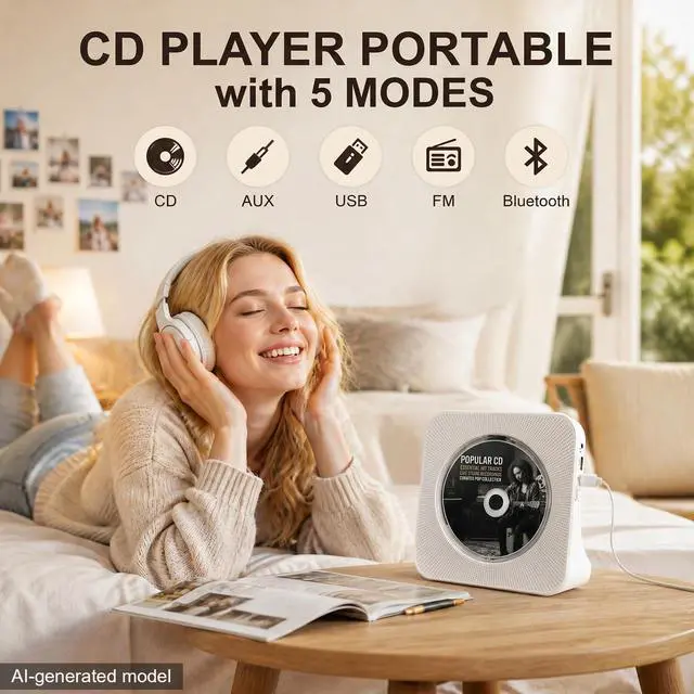 Alt view image 6 of 7 - Portable CD Player for Home,Bluetooth CD Player with Speakers,White