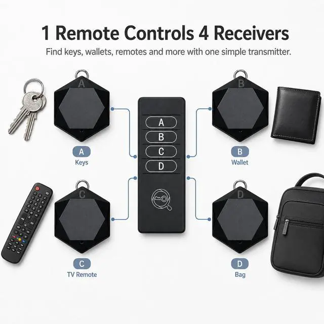 Alt view image 2 of 7 - Key Finder 1 Transmitter 4 Receivers, 80dB+ Wireless Item Locator 164ft Range for Keys Remote Pet Collar Luggage, No App or Bluetooth, Easy for Elderly & Kids