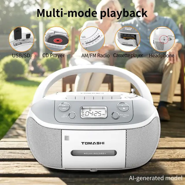 Alt view image 3 of 6 - Portable CD Player Boombox with Cassette Player - AM FM Radio,Tape/CD Recording, USB/SD Inputs,Retro Stereo Sound,Dual AC/DC Power,Remote & Backlit LCD - for Home, Camping,Gifts (CD-860A)
