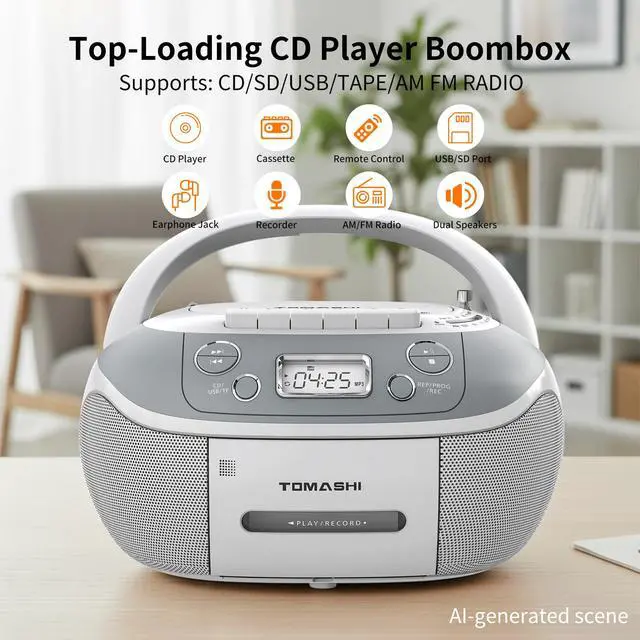 Alt view image 2 of 6 - Portable CD Player Boombox with Cassette Player - AM FM Radio,Tape/CD Recording, USB/SD Inputs,Retro Stereo Sound,Dual AC/DC Power,Remote & Backlit LCD - for Home, Camping,Gifts (CD-860A)
