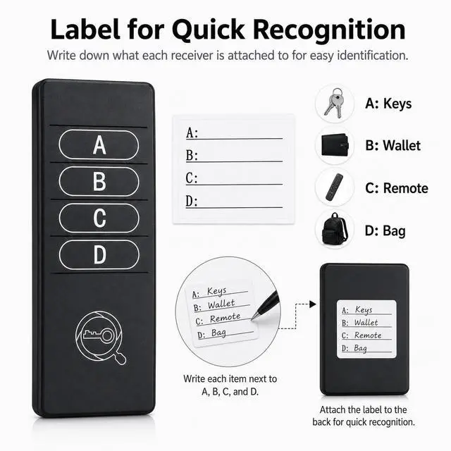 Alt view image 7 of 7 - Key Finder 1 Transmitter 4 Receivers, 80dB+ Wireless Item Locator 164ft Range for Keys Remote Pet Collar Luggage, No App or Bluetooth, Easy for Elderly & Kids