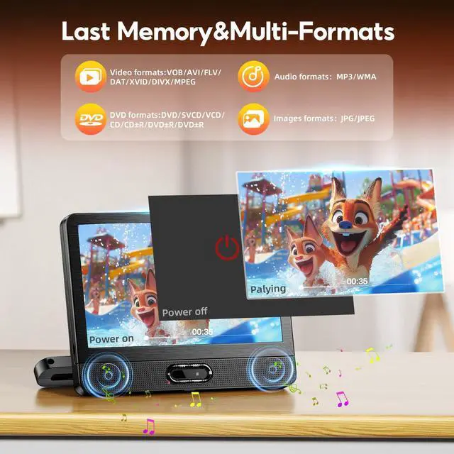 Alt view image 4 of 7 - 12" HD IPS Display Portable DVD Player, Wireless Screen Mirroring | Car DVD Player with HDMI Input and AV Output, Dual Power with Car Charger, AC Adapter, Supports CD/DVD/USB