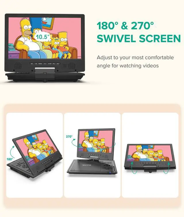 Alt view image 4 of 7 - 12.5" Portable DVD Player Car Headrest Video Player with 10.5" Swivel Screen, 5-Hours Rechargeable Battery, Car Headrest Holder, Dual Speakers, Support USB/SD Card/Sync TV, All Regions