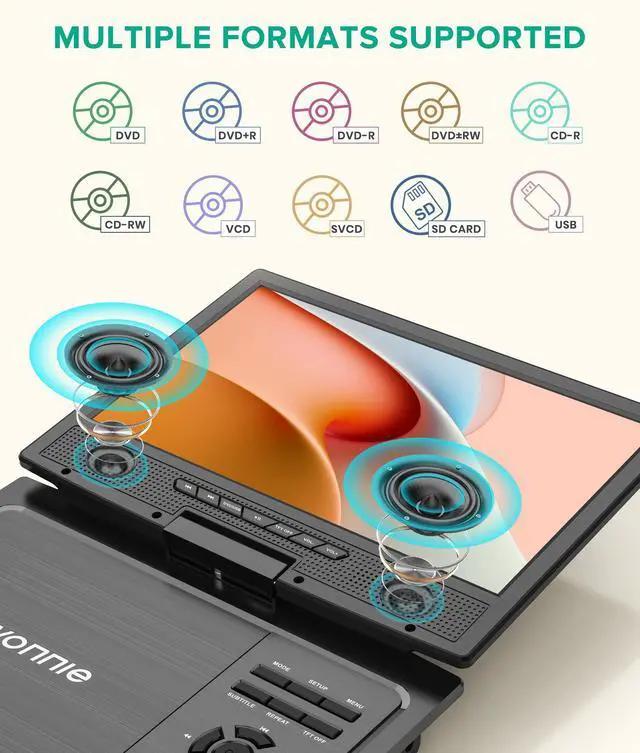 Alt view image 6 of 7 - 12.5" Portable DVD Player Car Headrest Video Player with 10.5" Swivel Screen, 5-Hours Rechargeable Battery, Car Headrest Holder, Dual Speakers, Support USB/SD Card/Sync TV, All Regions
