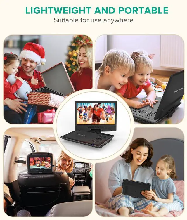 Alt view image 7 of 7 - 12.5" Portable DVD Player Car Headrest Video Player with 10.5" Swivel Screen, 5-Hours Rechargeable Battery, Car Headrest Holder, Dual Speakers, Support USB/SD Card/Sync TV, All Regions