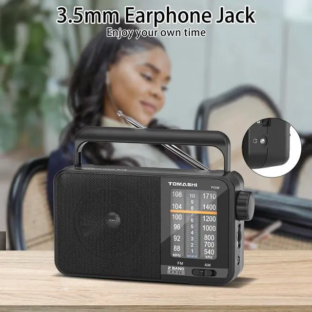 Alt view image 6 of 7 - Portable AM FM Transistor Radio, AC Powered & Battery Operated | Large speaker, large tuning knob and headphone jack. Clear reception for seniors, home, travel and emergency use