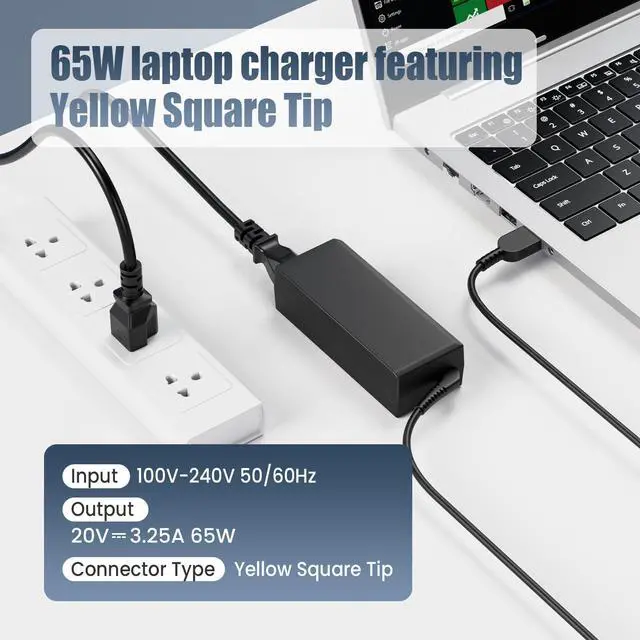 Alt view image 2 of 7 - 65W Laptop Charger Compatible with Lenovo ThinkPad L440 L450 L460 L540 T440 T450 T460 E440 E450 E550 E560 X240 X250 X260 Yellow Square Tip AC Adapter