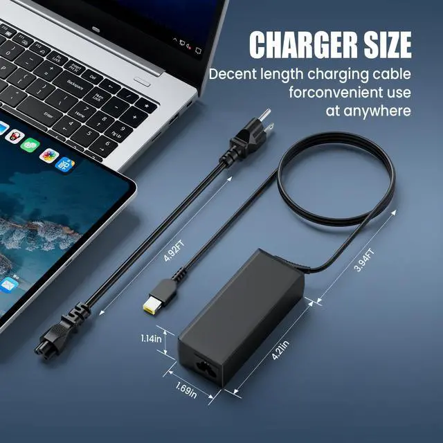 Alt view image 7 of 7 - 65W Laptop Charger Compatible with Lenovo ThinkPad L440 L450 L460 L540 T440 T450 T460 E440 E450 E550 E560 X240 X250 X260 Yellow Square Tip AC Adapter