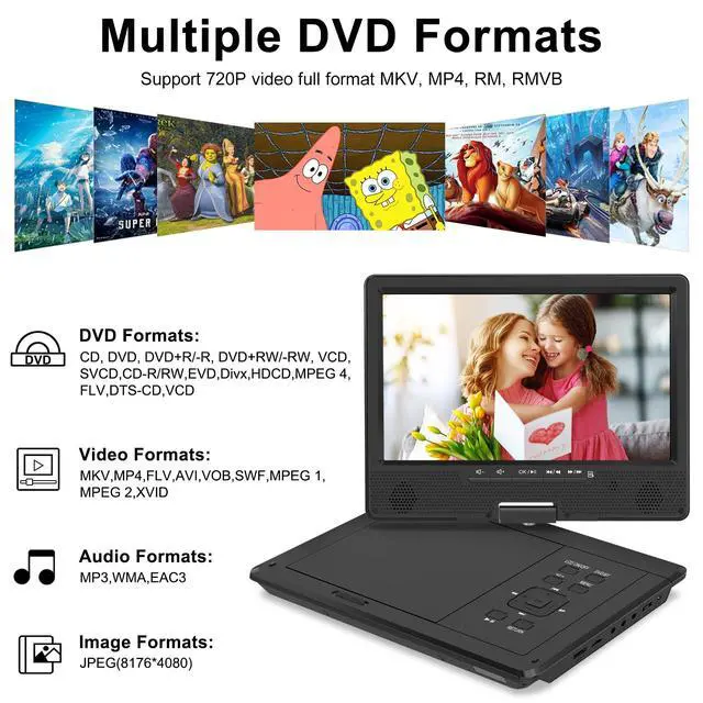 Alt view image 3 of 7 - 12.5" Portable DVD Player with Bluetooth, 10.1" Swivel Screen | 5 Hours Rechargeable Battery, Portable Kids DVD, Supports SD/USB/CD, Regions Free, Car Headrest