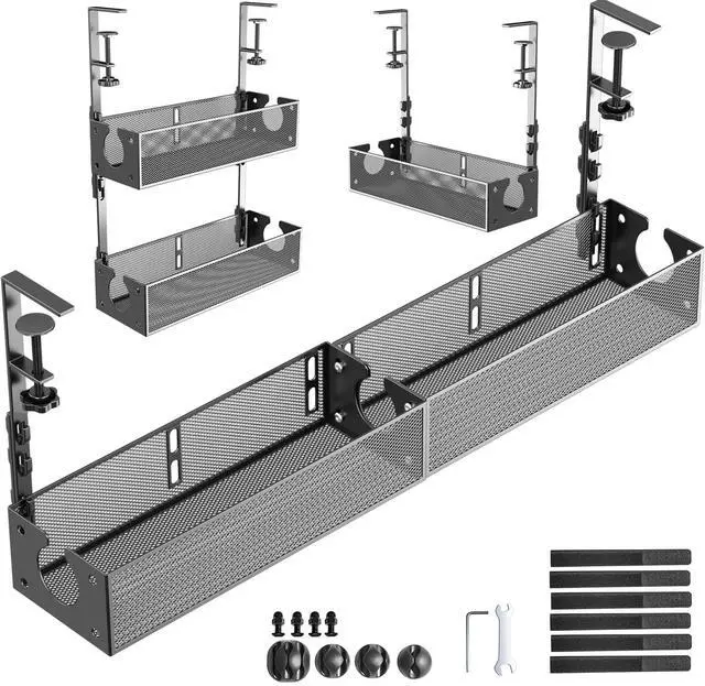 Main image of Multi-Model Under Desk Cable Management 2 Pack Metal Under Desk Wire Management Tray Clamp Mount Under Table Cord Management No Damage The Desk