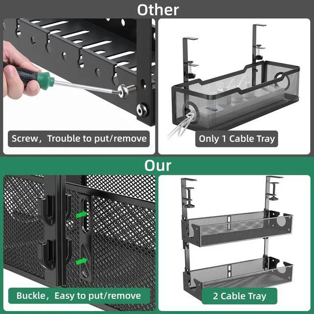 Alt view image 4 of 7 - Multi-Model Under Desk Cable Management 2 Pack Metal Under Desk Wire Management Tray Clamp Mount Under Table Cord Management No Damage The Desk