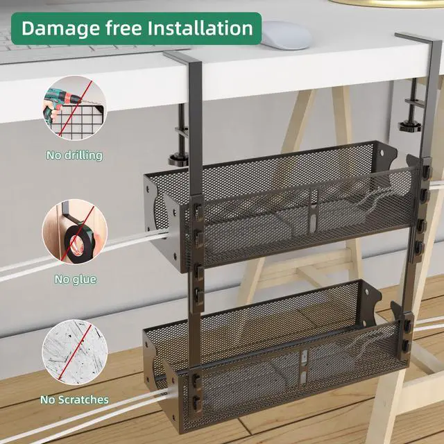 Alt view image 6 of 7 - Multi-Model Under Desk Cable Management 2 Pack Metal Under Desk Wire Management Tray Clamp Mount Under Table Cord Management No Damage The Desk