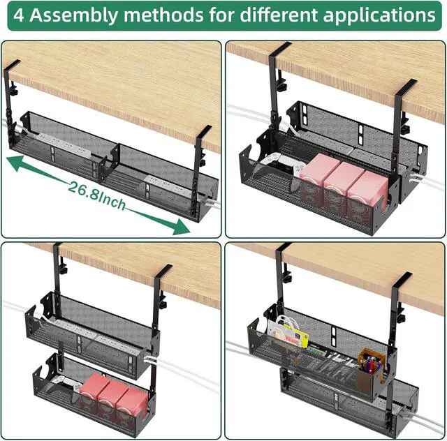 Alt view image 5 of 7 - Multi-Model Under Desk Cable Management 2 Pack Metal Under Desk Wire Management Tray Clamp Mount Under Table Cord Management No Damage The Desk