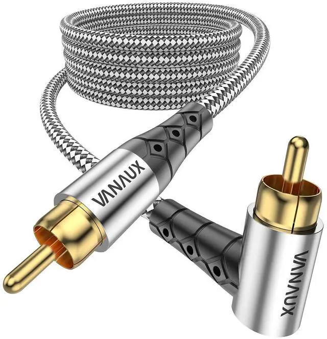 Main image of Subwoofer Cable 90 Degree RCA to RCA Audio Stereo Cable Male to Male 24K Gold Plated Connector Nylon Braided Double Shielded Clean Sounding Signal Silver/15ft/4.6m
