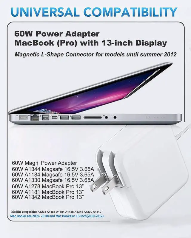 Alt view image 3 of 7 - 60W Charger for MacBook Pro Magnetic 1 L-Tip Before Mid-2012 MacBook Series | Mag 1 Laptop Charger Compatible with MacBook Pro 13", Late 2009-Mid 2012, A1278 A1342 A1344 A1330 A1181 A1184 A1185