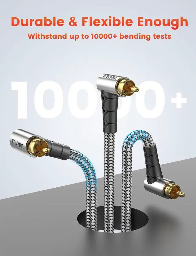 Alt view image 5 of 7 - Subwoofer Cable Double 90 Degree RCA to RCA Audio Stereo Cable Male to Male 24K Gold Plated Connector Nylon Braided Double Shielded Clean Sounding Signal Silver/15ft/4.6m