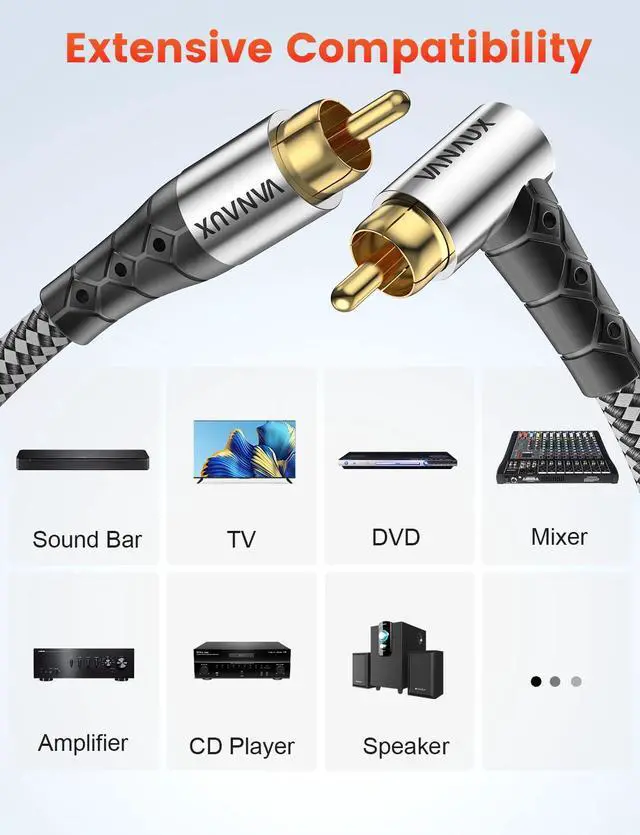 Alt view image 6 of 6 - Subwoofer Cable 90 Degree RCA to RCA Audio Stereo Cable Male to Male 24K Gold Plated Connector Nylon Braided Double Shielded Clean Sounding Signal Silver/15ft/4.6m