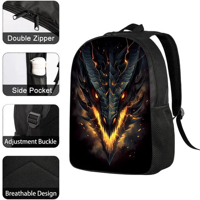 Alt view image 5 of 7 - Dragon School Backpack Cool Fire Dragon Bookbag for Teens Kids Boys Girls, Large 17 inch Elementary Junior High University School Bag, Water Resistant Casual Travel Daypack Backpack