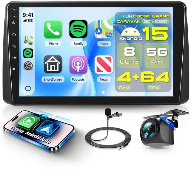Main image of 8 Core 4G+64G for Dodge Grand Caravan Car Radio 2011-2020 Chrysler Town & Country 2011-2016 with 5G WiFi DSP Wireless Carplay Android Auto, 9" 1280P Touch Screen Car Stereo BT 5.0 SWC