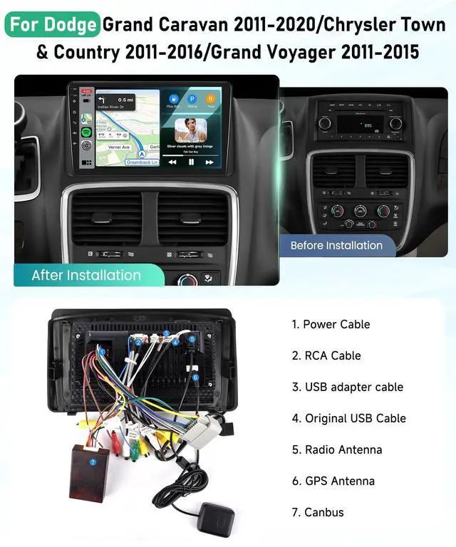 Alt view image 2 of 7 - 8 Core 4G+64G for Dodge Grand Caravan Car Radio 2011-2020 Chrysler Town & Country 2011-2016 with 5G WiFi DSP Wireless Carplay Android Auto, 9" 1280P Touch Screen Car Stereo BT 5.0 SWC