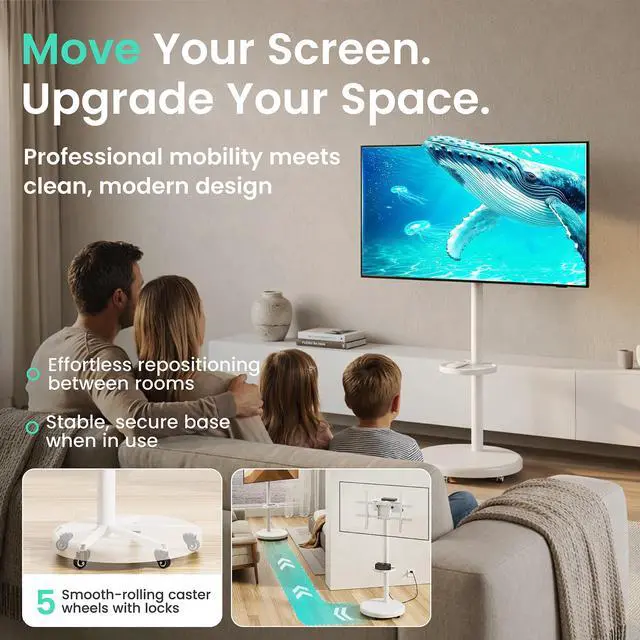 Alt view image 2 of 5 - Rolling TV Floor Stand Cart with Wheels for 37-86" Screens | Height adjustable shelf, built in cable management, 90 degree portrait and landscape rotation, 110 LB Limit, max VESA 600x400