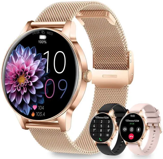 Main image of Smart Watches for Women, 1.27" HD Round 3 Bands Rosegold | Fitness Tracker for Android Phones & iPhones, Answer/Make Calls, Sleep Monitor, IP68 Waterproof, 110+ Sport Modes