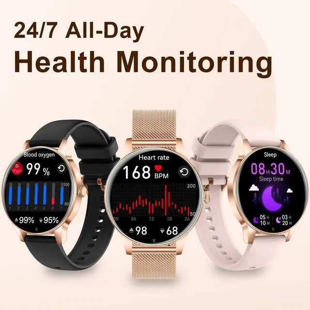 Alt view image 4 of 7 - Smart Watches for Women, 1.27" HD Round 3 Bands Rosegold | Fitness Tracker for Android Phones & iPhones, Answer/Make Calls, Sleep Monitor, IP68 Waterproof, 110+ Sport Modes