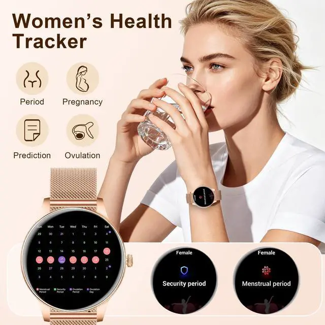 Alt view image 6 of 7 - Smart Watches for Women, 1.27" HD Round 3 Bands Rosegold | Fitness Tracker for Android Phones & iPhones, Answer/Make Calls, Sleep Monitor, IP68 Waterproof, 110+ Sport Modes