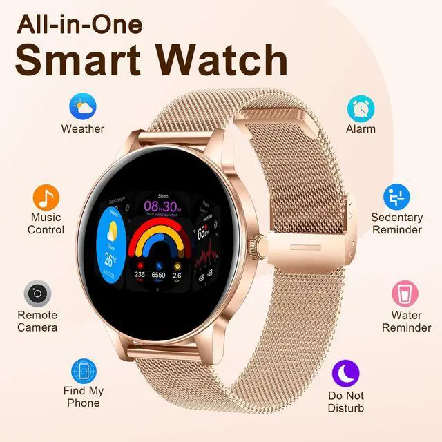 Alt view image 7 of 7 - Smart Watches for Women, 1.27" HD Round 3 Bands Rosegold | Fitness Tracker for Android Phones & iPhones, Answer/Make Calls, Sleep Monitor, IP68 Waterproof, 110+ Sport Modes