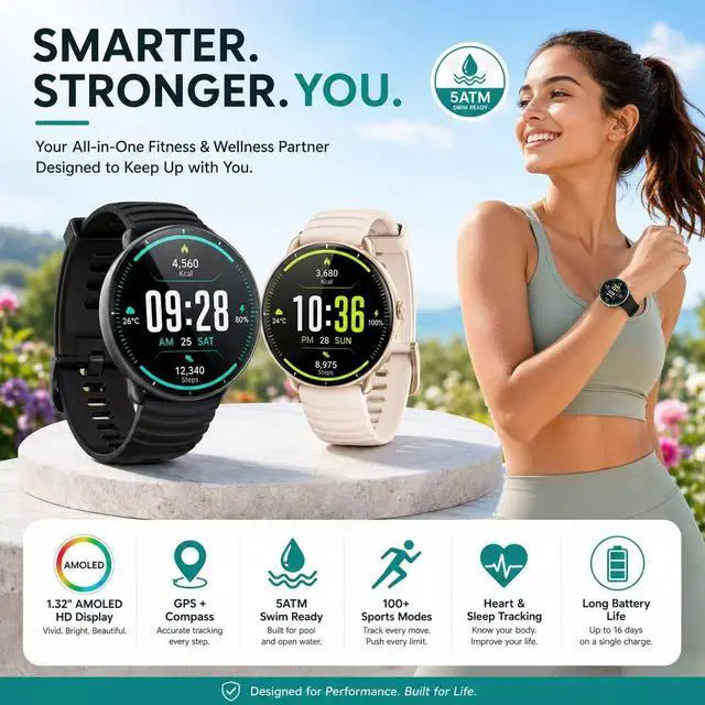 Alt view image 2 of 7 - Smartwatch for Swimming 5ATM with GPS, Compass, AI Swim Analysis, Heart & Sleep Tracking, 100+ Sports Modes, HD Display, Long Battery Life, Fitness & Outdoor Training Watch - Men & Women (BLACK)