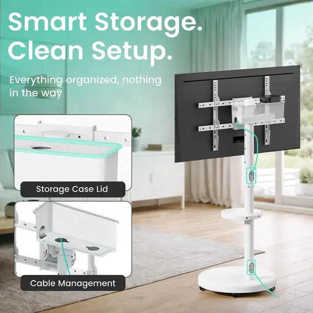 Alt view image 4 of 5 - Rolling TV Floor Stand Cart with Wheels for 37-86" Screens | Height adjustable shelf, built in cable management, 90 degree portrait and landscape rotation, 110 LB Limit, max VESA 600x400