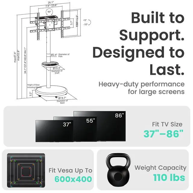 Alt view image 5 of 5 - Rolling TV Floor Stand Cart with Wheels for 37-86" Screens | Height adjustable shelf, built in cable management, 90 degree portrait and landscape rotation, 110 LB Limit, max VESA 600x400