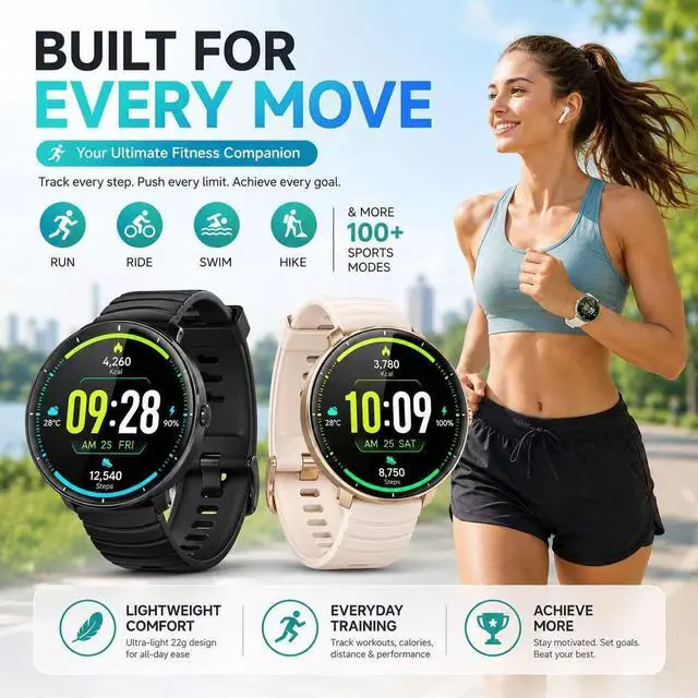 Alt view image 3 of 7 - Smartwatch for Swimming 5ATM with GPS, Compass, AI Swim Analysis, Heart & Sleep Tracking, 100+ Sports Modes, HD Display, Long Battery Life, Fitness & Outdoor Training Watch - Men & Women (BLACK)