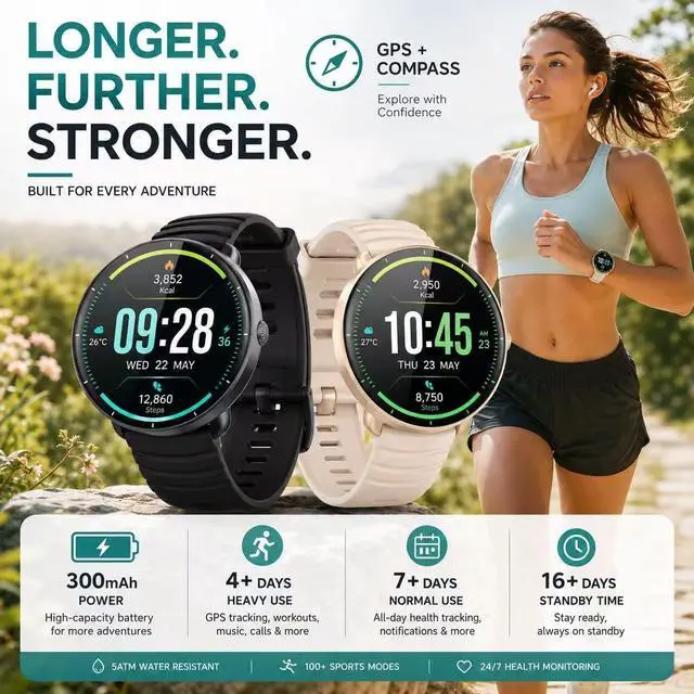 Alt view image 7 of 7 - Smartwatch for Swimming 5ATM with GPS, Compass, AI Swim Analysis, Heart & Sleep Tracking, 100+ Sports Modes, HD Display, Long Battery Life, Fitness & Outdoor Training Watch - Men & Women (BLACK)