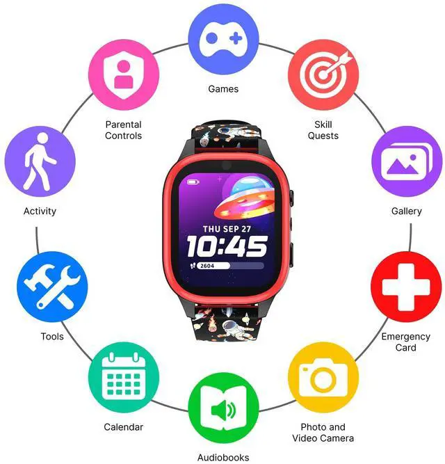 Alt view image 3 of 7 - 4 Kids Smartwatch, Educational Tech Toy 25+ Games, Selfie Camera, Audiobooks, Step Tracker, WaterResistant, Parental Controls, Long Battery, Ages 412 (Black Space)