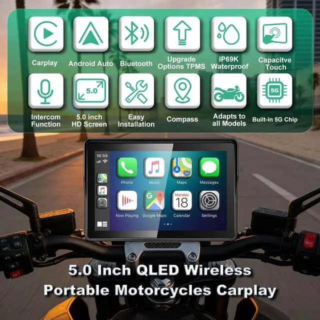 Alt view image 2 of 7 - 2026 GPS Carplay 5 inch for Motorcycle with TPMS, Wireless CarPlay & Android Auto, GPS Nevigation, Supports Bluetooth, Siri, Google Assistant, Vioce Control, USB, IP69K HD Waterproof Touchscreen