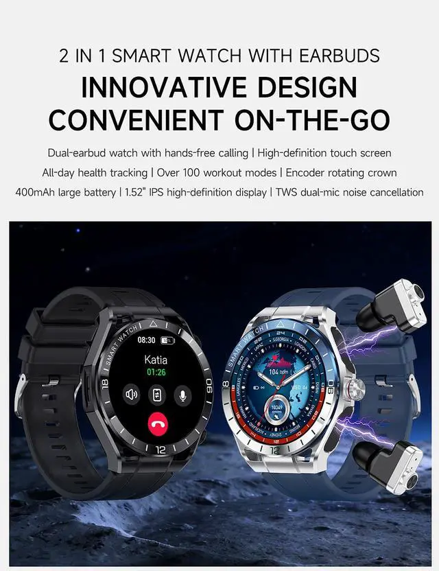 Alt view image 2 of 7 - Smart Watch with Earbuds for Android and iPhone,1.52'' HD Screen,Answer/Make Calls,Fitness Tracker,Ultra-Thin Design,Watch with Earbuds for Men Women