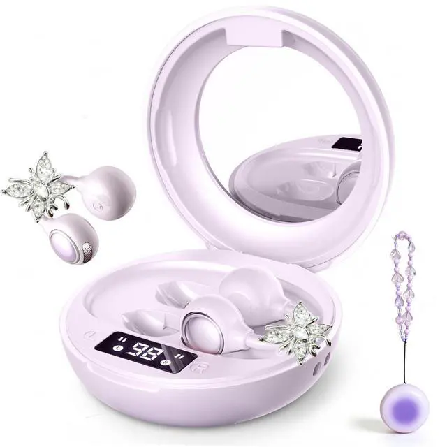 Main image of Clip On Open Ear Earbuds with Crystal Butterfly Earrings, Bracelet | Bluetooth 6.0 Wireless Headphones for Women Girl Gift, Powder Compact Case with LED Display & Mirror, Sports Workout, Purple