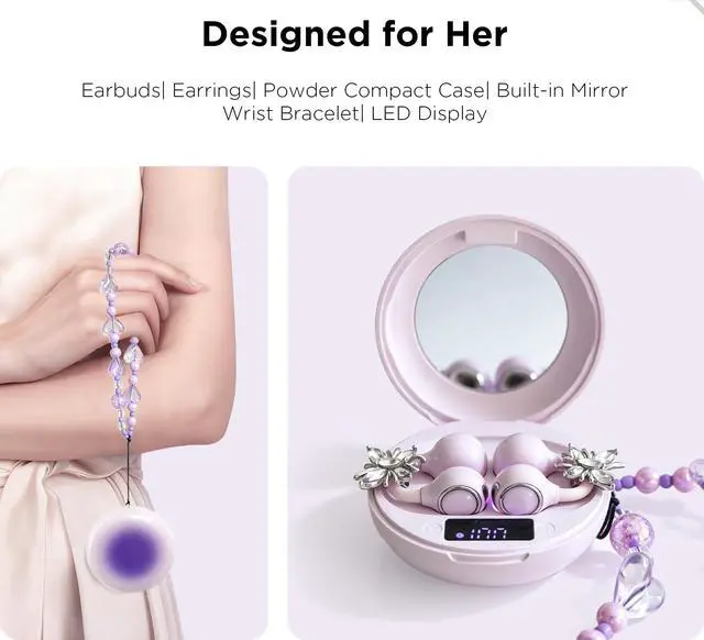 Alt view image 2 of 7 - Clip On Open Ear Earbuds with Crystal Butterfly Earrings, Bracelet | Bluetooth 6.0 Wireless Headphones for Women Girl Gift, Powder Compact Case with LED Display & Mirror, Sports Workout, Purple