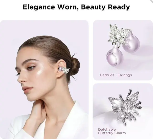Alt view image 3 of 7 - Clip On Open Ear Earbuds with Crystal Butterfly Earrings, Bracelet | Bluetooth 6.0 Wireless Headphones for Women Girl Gift, Powder Compact Case with LED Display & Mirror, Sports Workout, Purple