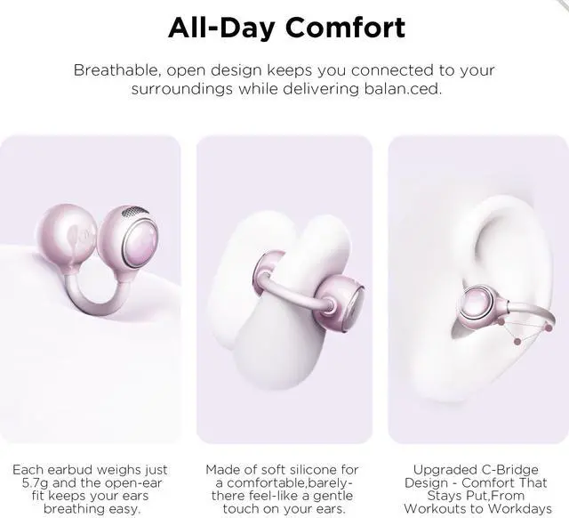 Alt view image 5 of 7 - Clip On Open Ear Earbuds with Crystal Butterfly Earrings, Bracelet | Bluetooth 6.0 Wireless Headphones for Women Girl Gift, Powder Compact Case with LED Display & Mirror, Sports Workout, Purple