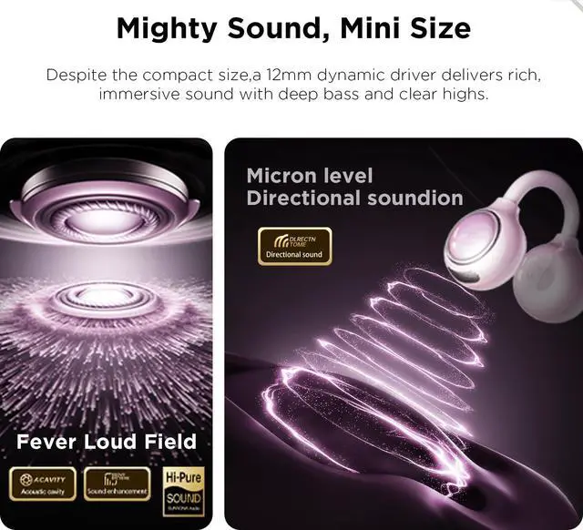 Alt view image 6 of 7 - Clip On Open Ear Earbuds with Crystal Butterfly Earrings, Bracelet | Bluetooth 6.0 Wireless Headphones for Women Girl Gift, Powder Compact Case with LED Display & Mirror, Sports Workout, Purple