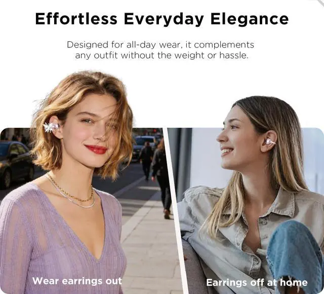 Alt view image 4 of 7 - Clip On Open Ear Earbuds with Crystal Butterfly Earrings, Bracelet | Bluetooth 6.0 Wireless Headphones for Women Girl Gift, Powder Compact Case with LED Display & Mirror, Sports Workout, Purple