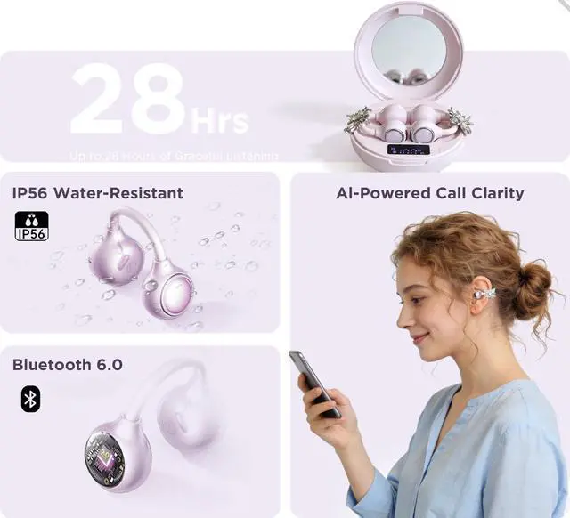 Alt view image 7 of 7 - Clip On Open Ear Earbuds with Crystal Butterfly Earrings, Bracelet | Bluetooth 6.0 Wireless Headphones for Women Girl Gift, Powder Compact Case with LED Display & Mirror, Sports Workout, Purple